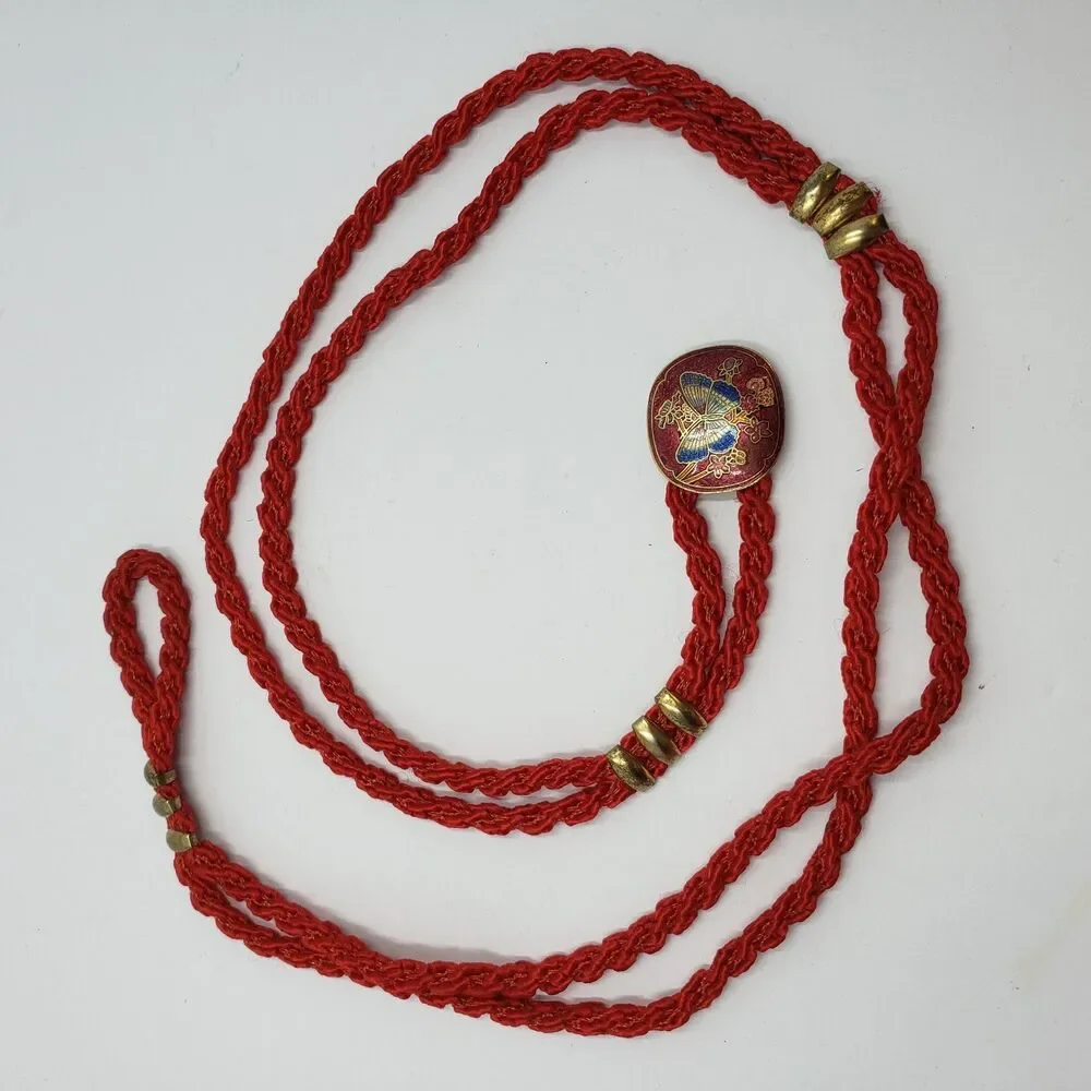 Vintage Cloisonne Butterfly Belt Red Braided Cord Passamenterie Sash Adjustable